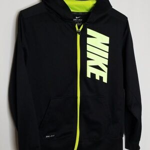 Nike Black Hoodie with Neon Yellow Logo and Zipper